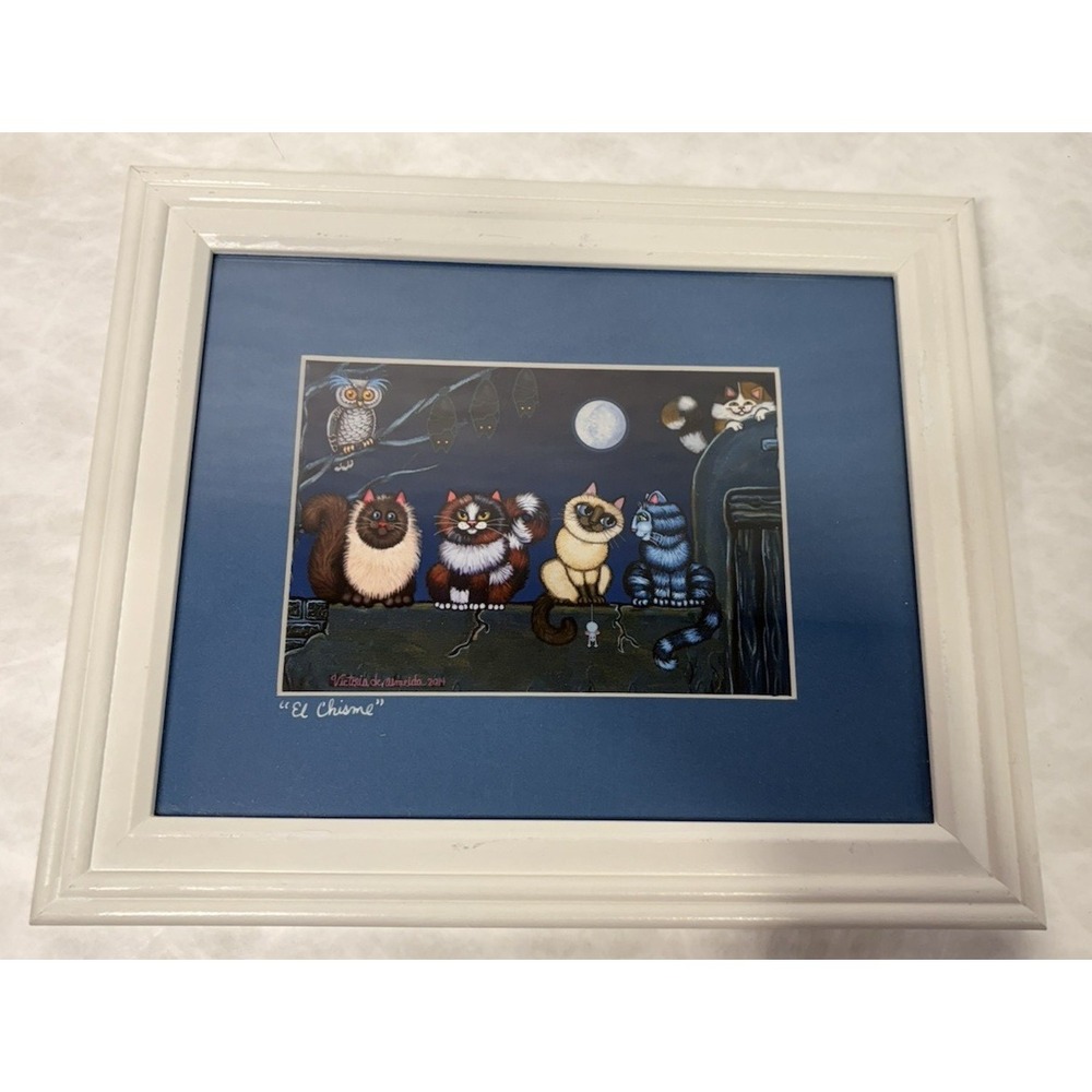 Victoria de Almeida "El Chisme" Cat Art Print‎ 2014 Framed 12x10 Whimsical Cats